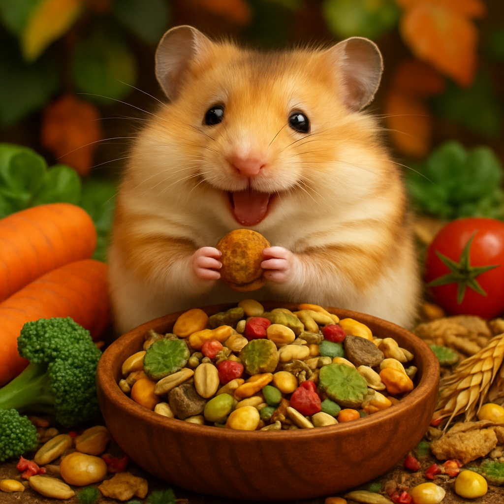 A happy hamster eating high-quality food
